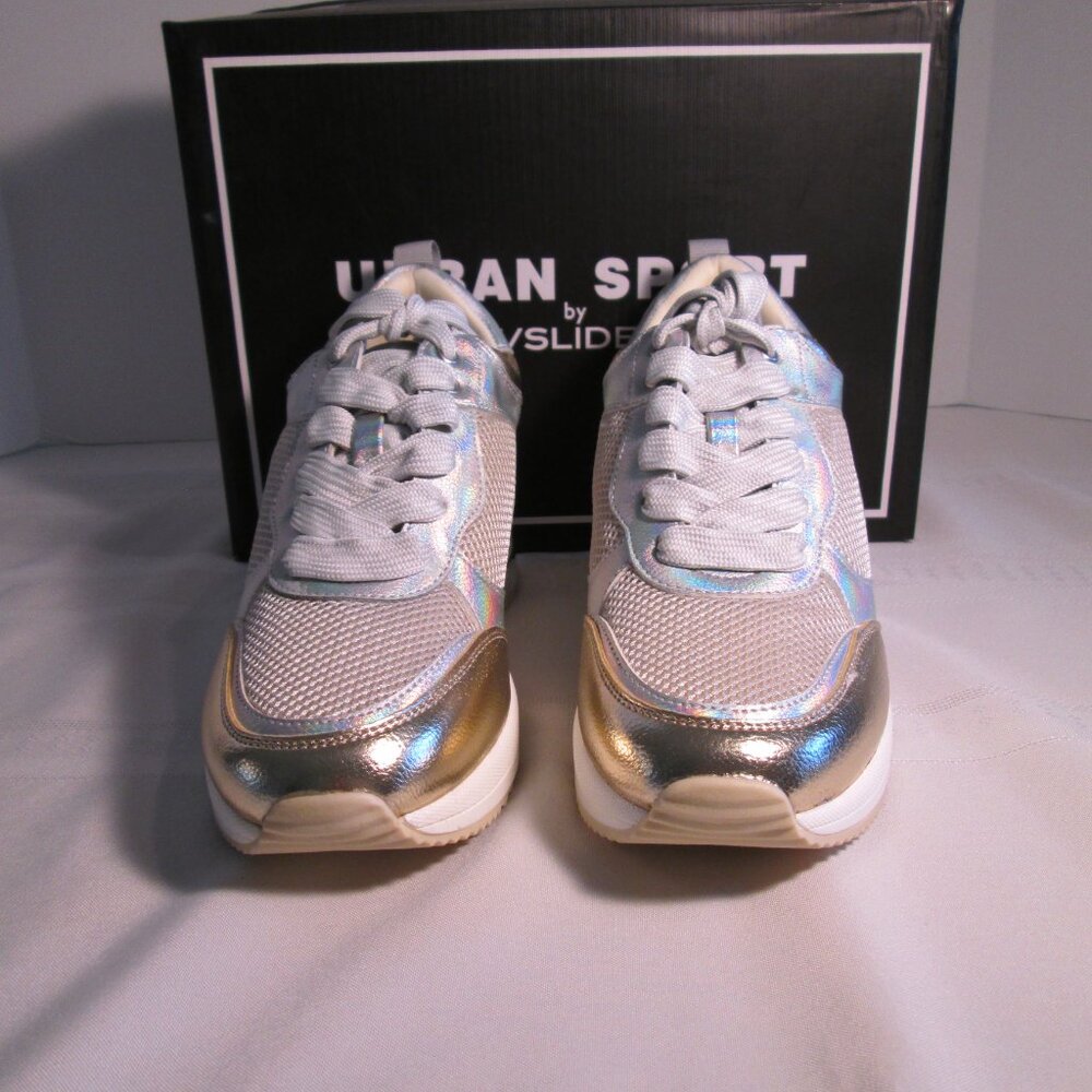 Urban Sport BEBE Gold & Mesh Wedge Sneakers Size 7 NWT - Picture 4 of 10